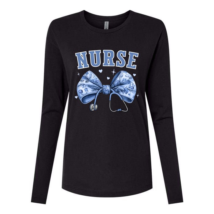 Blue Nurse Coquette Bow Stethoscope Nursing Medical Doctor Womens Cotton Relaxed Long Sleeve T-Shirt