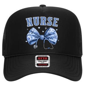 Blue Nurse Coquette Bow Stethoscope Nursing Medical Doctor High Crown Mesh Back Trucker Hat