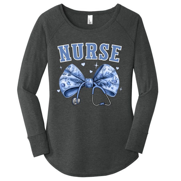 Blue Nurse Coquette Bow Stethoscope Nursing Medical Doctor Women's Perfect Tri Tunic Long Sleeve Shirt