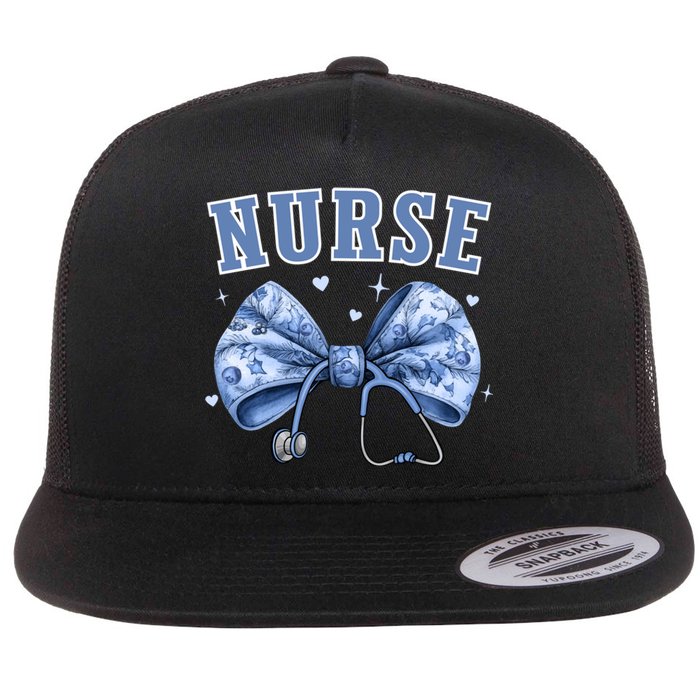 Blue Nurse Coquette Bow Stethoscope Nursing Medical Doctor Flat Bill Trucker Hat