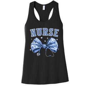 Blue Nurse Coquette Bow Stethoscope Nursing Medical Doctor Women's Racerback Tank