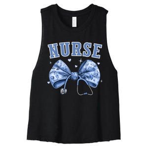 Blue Nurse Coquette Bow Stethoscope Nursing Medical Doctor Women's Racerback Cropped Tank