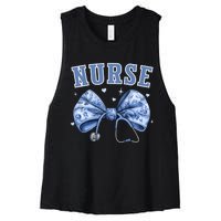 Blue Nurse Coquette Bow Stethoscope Nursing Medical Doctor Women's Racerback Cropped Tank