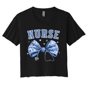 Blue Nurse Coquette Bow Stethoscope Nursing Medical Doctor Women's Crop Top Tee