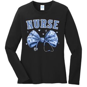 Blue Nurse Coquette Bow Stethoscope Nursing Medical Doctor Ladies Long Sleeve Shirt