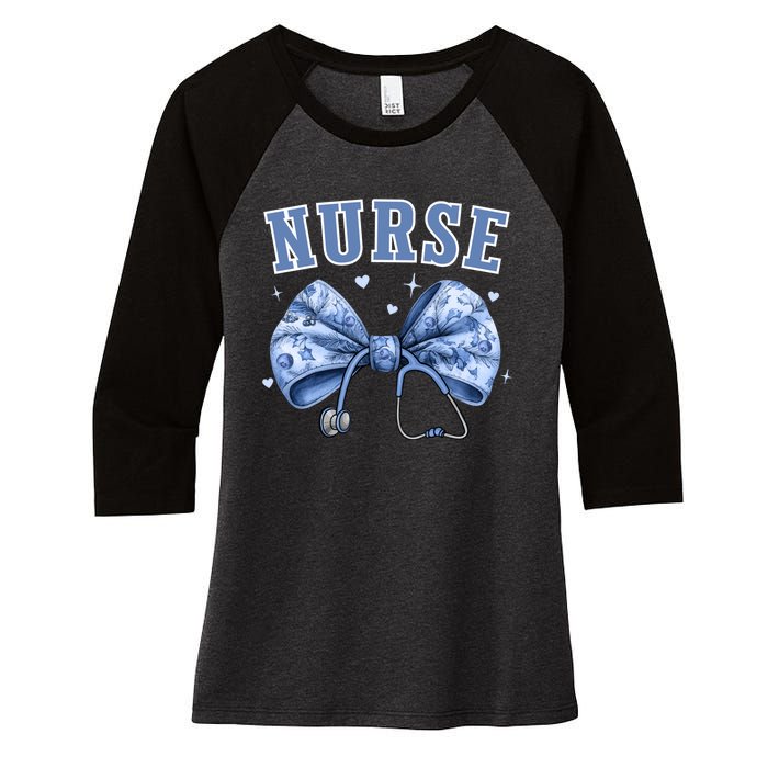 Blue Nurse Coquette Bow Stethoscope Nursing Medical Doctor Women's Tri-Blend 3/4-Sleeve Raglan Shirt