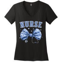 Blue Nurse Coquette Bow Stethoscope Nursing Medical Doctor Women's V-Neck T-Shirt