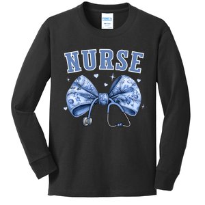 Blue Nurse Coquette Bow Stethoscope Nursing Medical Doctor Kids Long Sleeve Shirt