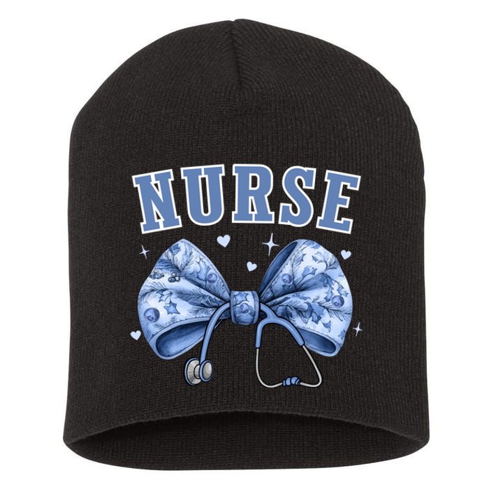 Blue Nurse Coquette Bow Stethoscope Nursing Medical Doctor Short Acrylic Beanie