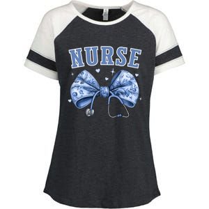 Blue Nurse Coquette Bow Stethoscope Nursing Medical Doctor Enza Ladies Jersey Colorblock Tee