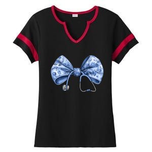 Blue Nurse Coquette Bow Stethoscope Nursing Medical Doctor Ladies Halftime Notch Neck Tee