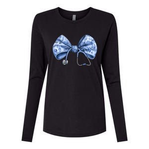 Blue Nurse Coquette Bow Stethoscope Nursing Medical Doctor Womens Cotton Relaxed Long Sleeve T-Shirt