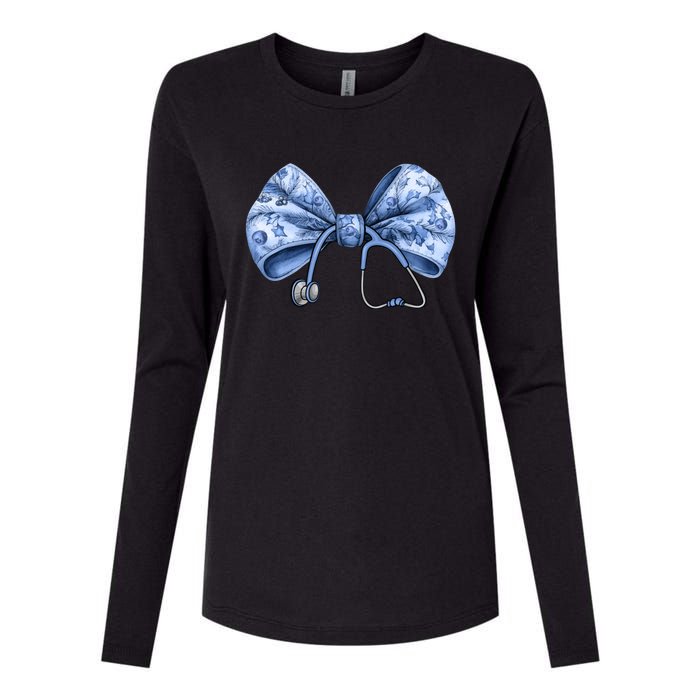 Blue Nurse Coquette Bow Stethoscope Nursing Medical Doctor Womens Cotton Relaxed Long Sleeve T-Shirt