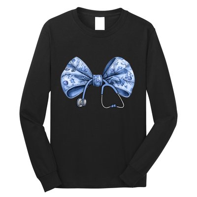 Blue Nurse Coquette Bow Stethoscope Nursing Medical Doctor Long Sleeve Shirt