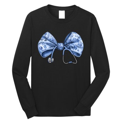 Blue Nurse Coquette Bow Stethoscope Nursing Medical Doctor Long Sleeve Shirt