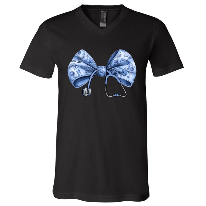 Blue Nurse Coquette Bow Stethoscope Nursing Medical Doctor V-Neck T-Shirt