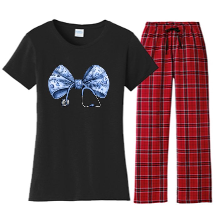 Blue Nurse Coquette Bow Stethoscope Nursing Medical Doctor Women's Flannel Pajama Set