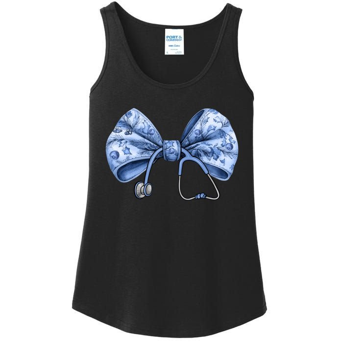 Blue Nurse Coquette Bow Stethoscope Nursing Medical Doctor Ladies Essential Tank