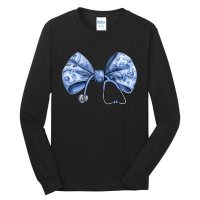 Blue Nurse Coquette Bow Stethoscope Nursing Medical Doctor Tall Long Sleeve T-Shirt