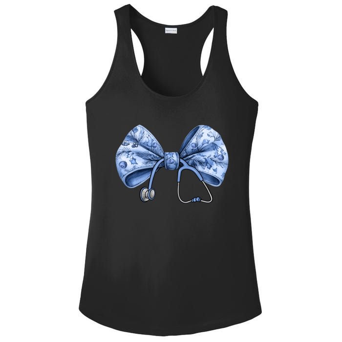 Blue Nurse Coquette Bow Stethoscope Nursing Medical Doctor Ladies PosiCharge Competitor Racerback Tank