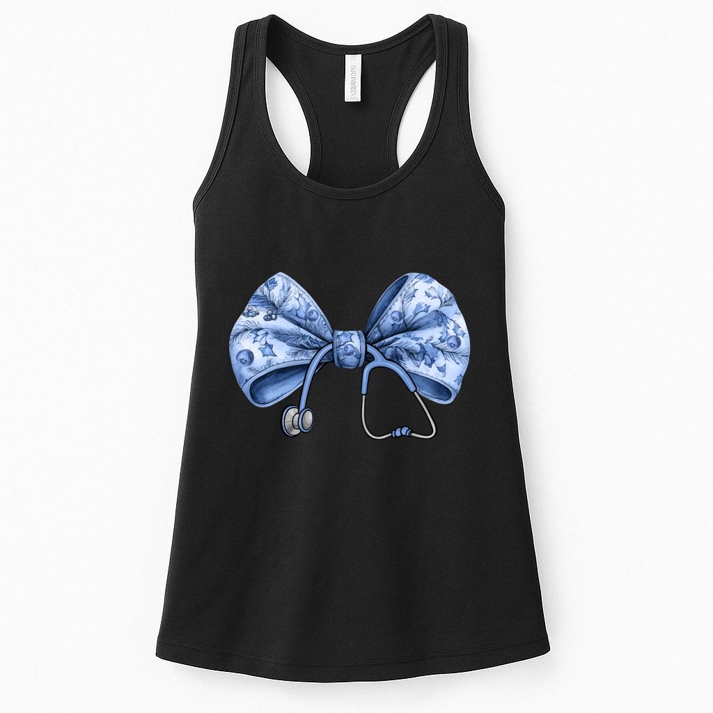 Blue Nurse Coquette Bow Stethoscope Nursing Medical Doctor Womens Tank Top