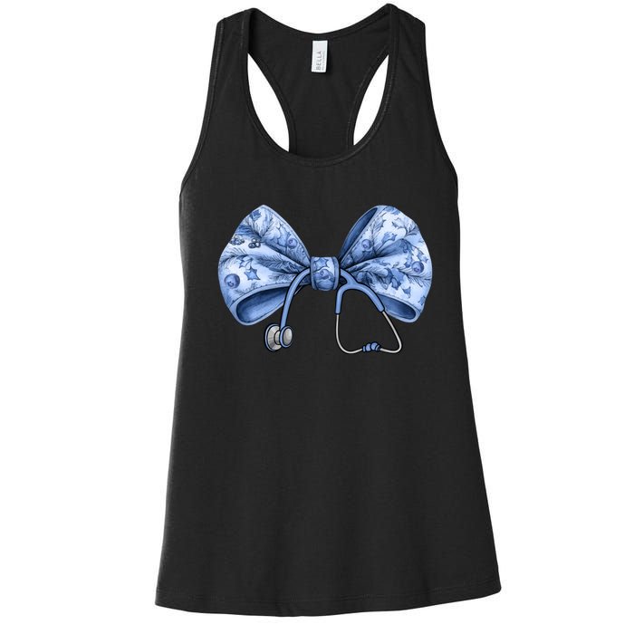 Blue Nurse Coquette Bow Stethoscope Nursing Medical Doctor Women's Racerback Tank