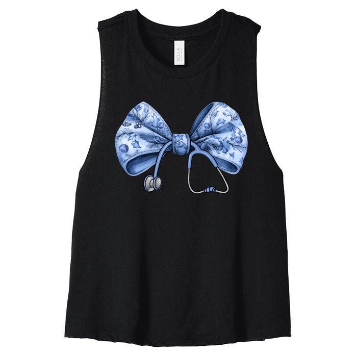 Blue Nurse Coquette Bow Stethoscope Nursing Medical Doctor Women's Racerback Cropped Tank