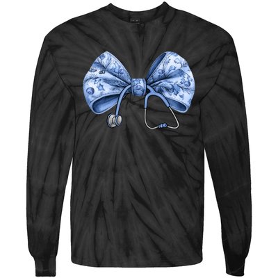 Blue Nurse Coquette Bow Stethoscope Nursing Medical Doctor Tie-Dye Long Sleeve Shirt