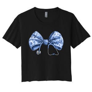 Blue Nurse Coquette Bow Stethoscope Nursing Medical Doctor Women's Crop Top Tee