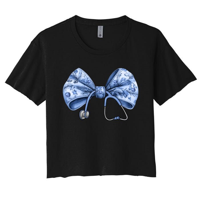 Blue Nurse Coquette Bow Stethoscope Nursing Medical Doctor Women's Crop Top Tee