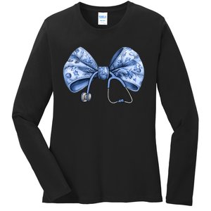 Blue Nurse Coquette Bow Stethoscope Nursing Medical Doctor Ladies Long Sleeve Shirt