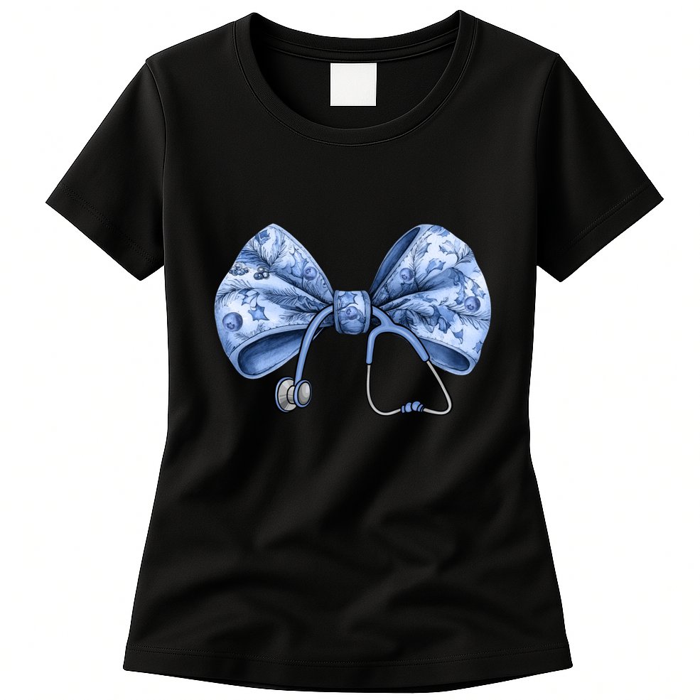 Blue Nurse Coquette Bow Stethoscope Nursing Medical Doctor Womens T-Shirt
