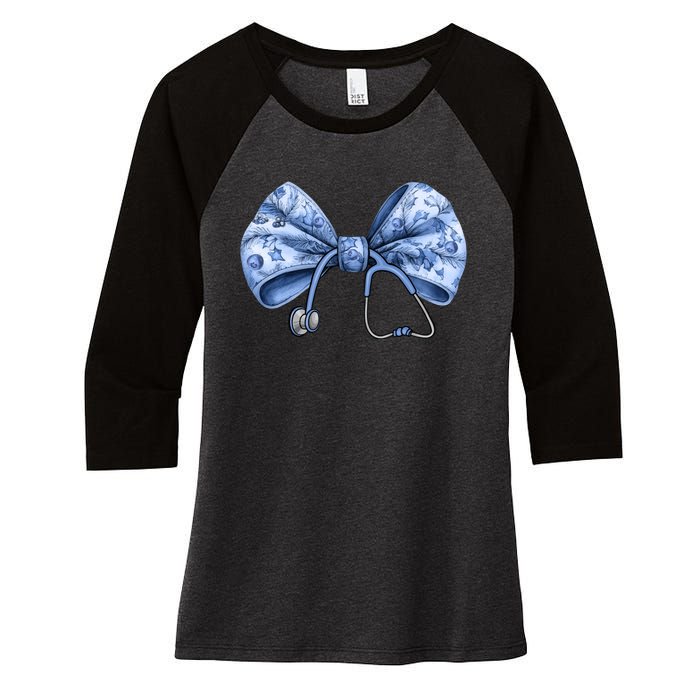 Blue Nurse Coquette Bow Stethoscope Nursing Medical Doctor Women's Tri-Blend 3/4-Sleeve Raglan Shirt