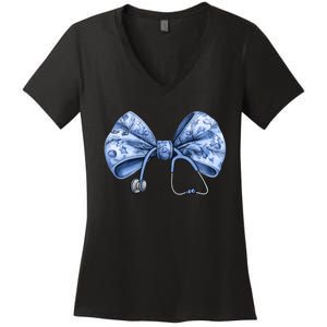 Blue Nurse Coquette Bow Stethoscope Nursing Medical Doctor Women's V-Neck T-Shirt