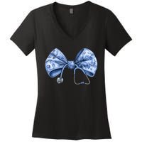 Blue Nurse Coquette Bow Stethoscope Nursing Medical Doctor Women's V-Neck T-Shirt