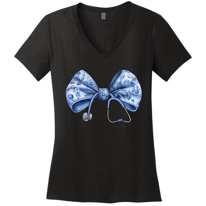 Blue Nurse Coquette Bow Stethoscope Nursing Medical Doctor Women's V-Neck T-Shirt