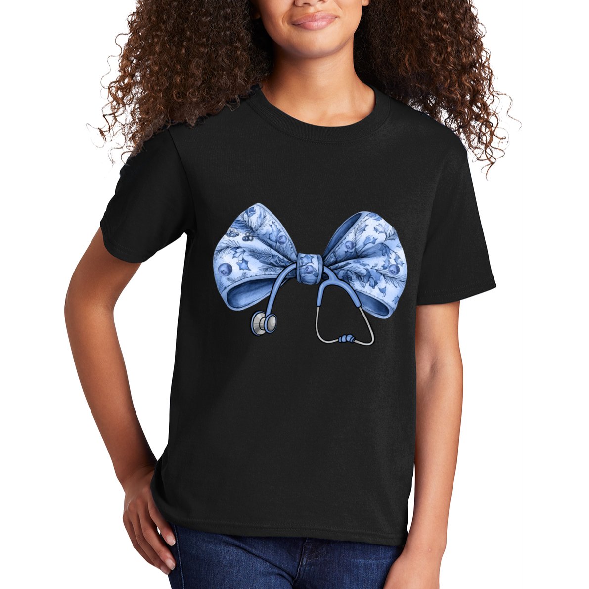 Blue Nurse Coquette Bow Stethoscope Nursing Medical Doctor Kids T-Shirt