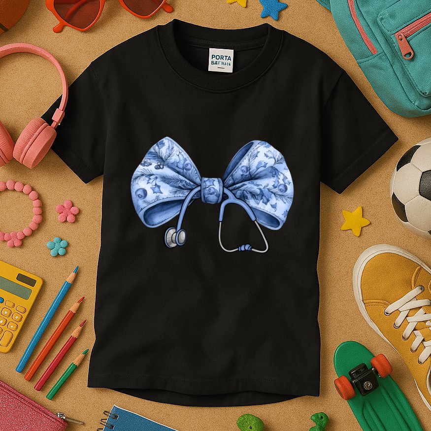 Blue Nurse Coquette Bow Stethoscope Nursing Medical Doctor Kids T-Shirt