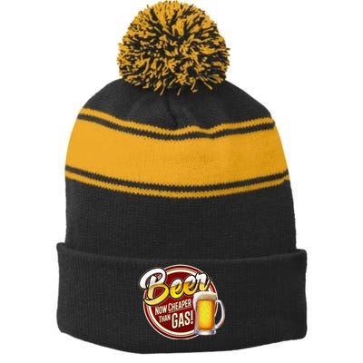 Beer Now Cheaper Than Gas! Stripe Pom Pom Beanie