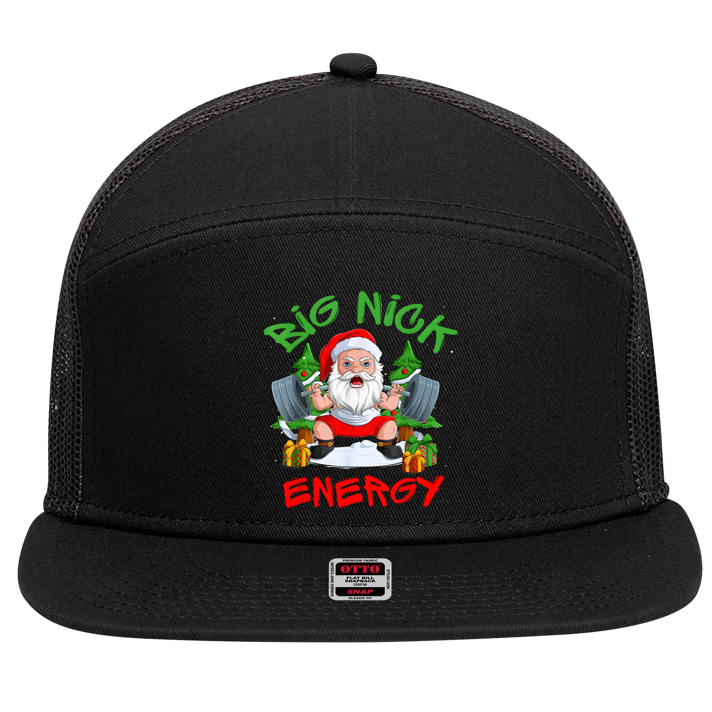 Big Nick Energy Santa Gym Fitness Weight Lifting Christmas 7 Panel Mesh Trucker Snapback Hat