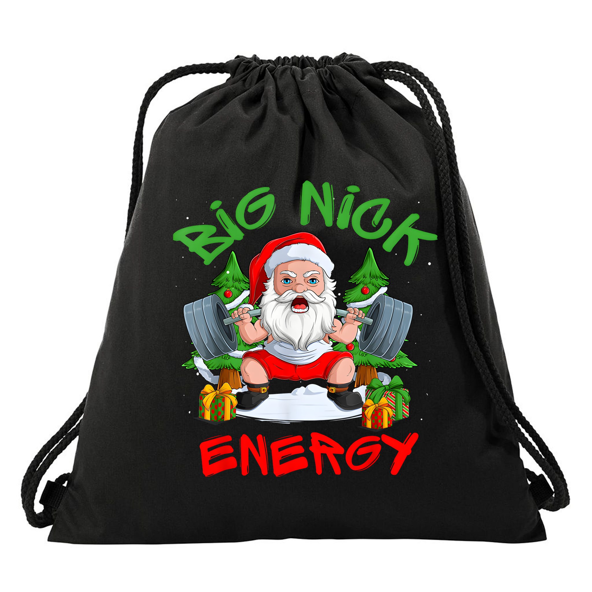 Big Nick Energy Santa Gym Fitness Weight Lifting Christmas Drawstring Bag