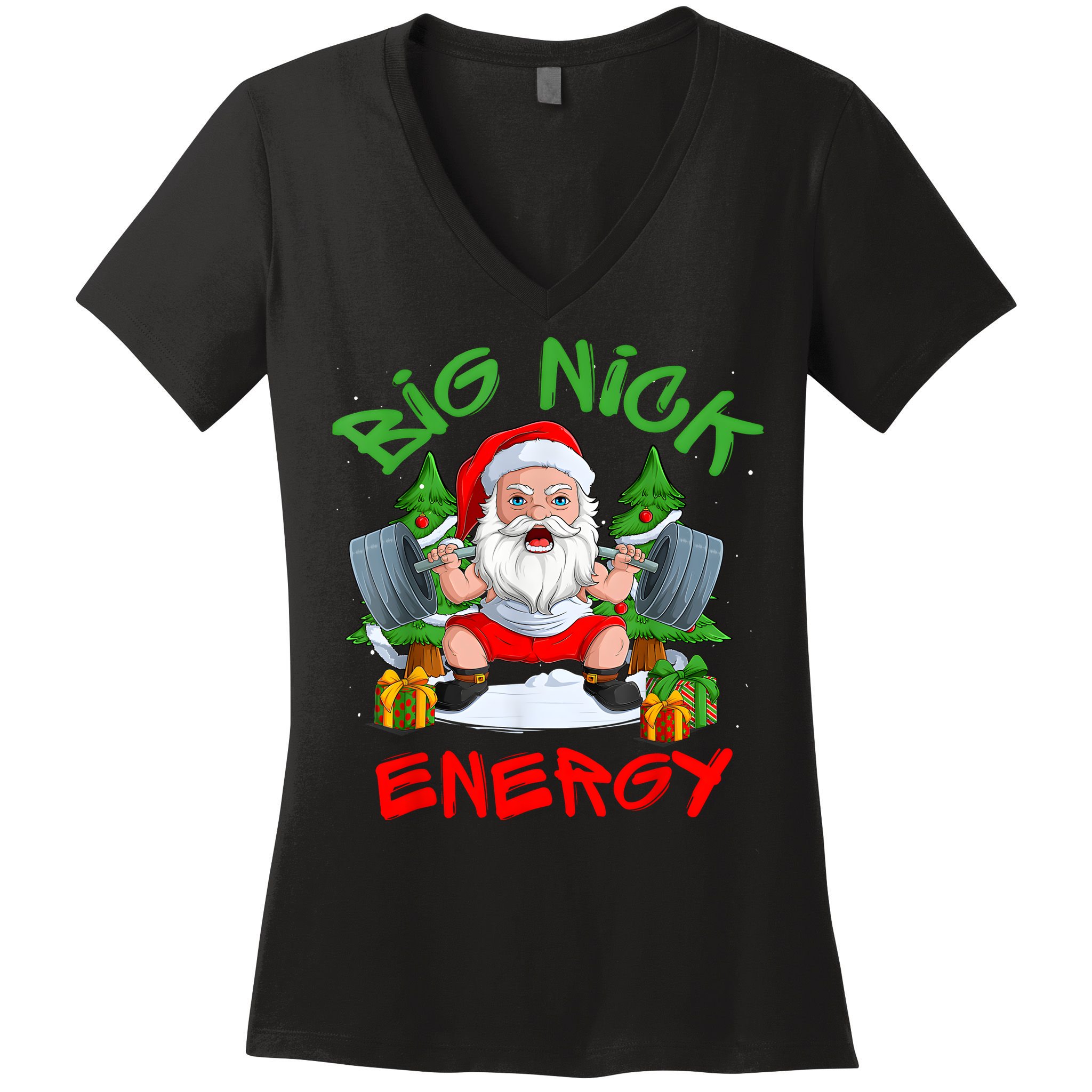 Big Nick Energy Santa Gym Fitness Weight Lifting Christmas Women's V-Neck T-Shirt