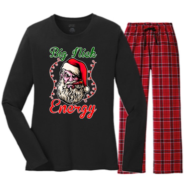 Big Nick Energy Santa Claus Smokin St. Nick Christmas Women's Long Sleeve Flannel Pajama Set 