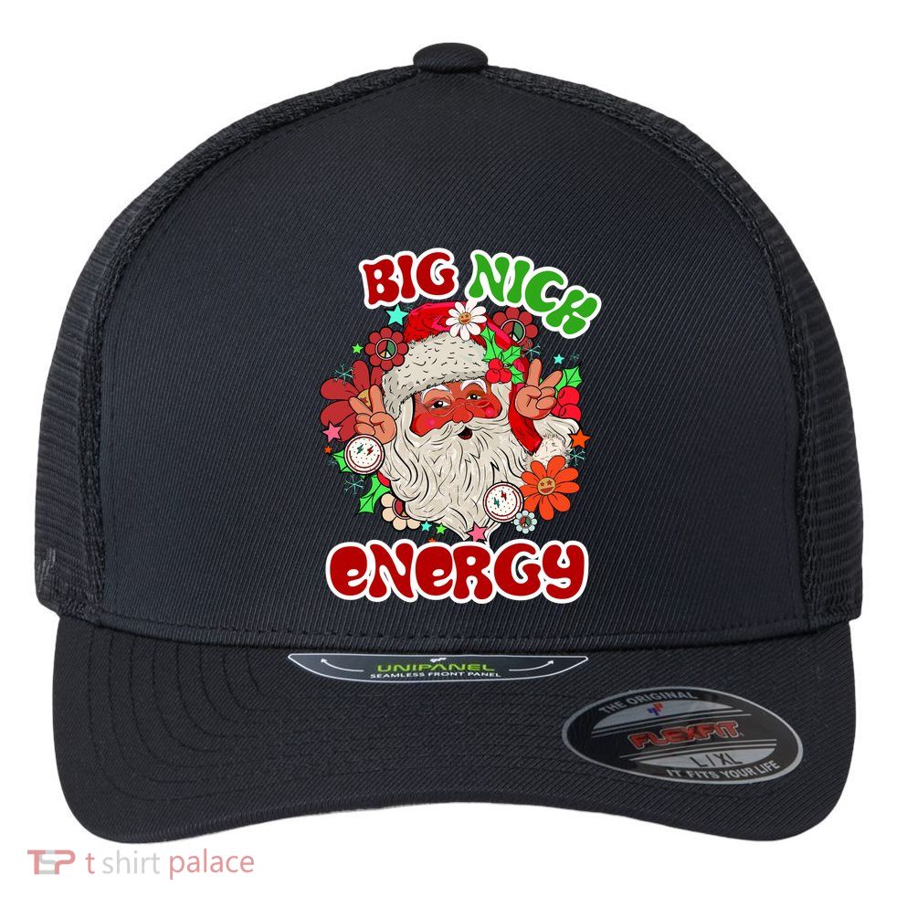 Big Nick Energy Hippie Santa Claus Christmas Peace Flexfit Unipanel Trucker Cap