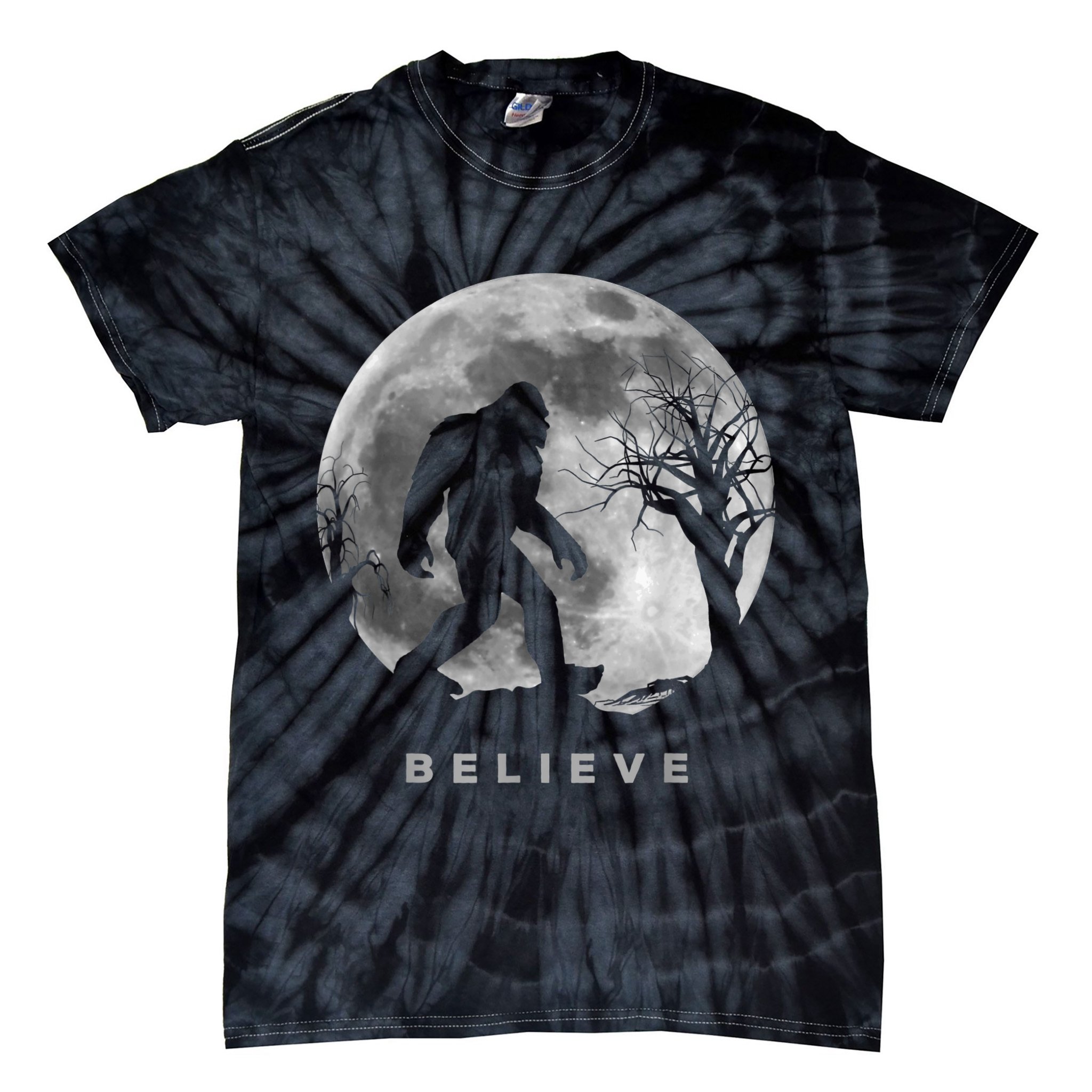Bigfoot Night Full Moon I Believe Sasquatch Men Kids Tie-Dye T-Shirt