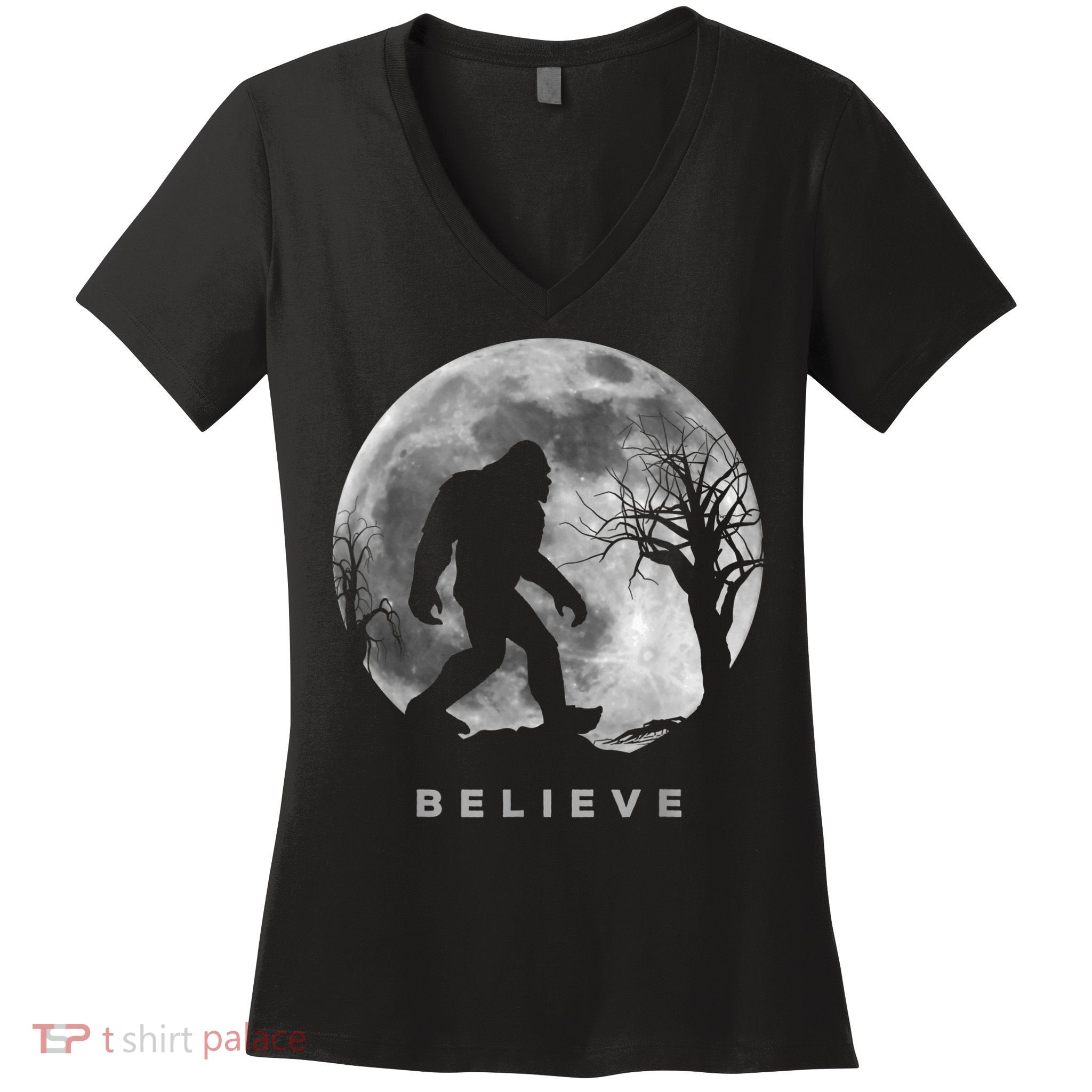Bigfoot Night Full Moon I Believe Sasquatch Men Kids Women's V-Neck T-Shirt
