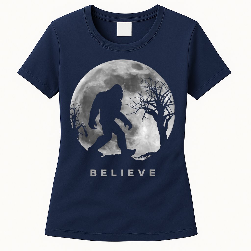Bigfoot Night Full Moon I Believe Sasquatch Womens T-Shirt