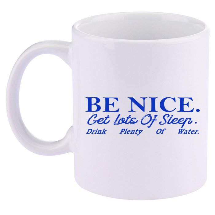 Be Nice Get Lots Of Sleep Drink Plenty Of Water Inspired 11oz C Handle Ceramic Mug