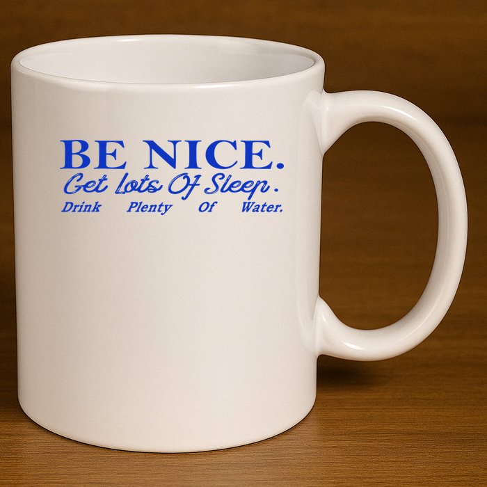 Be Nice Get Lots Of Sleep Drink Plenty Of Water Inspired 11oz C Handle Ceramic Mug