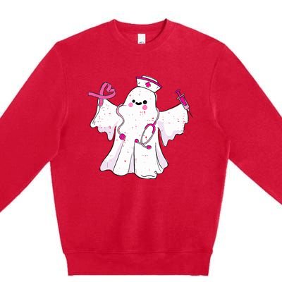 Boo Nurse Ghost Scrub Top Halloween Breast Cancer Awareness Premium Crewneck Sweatshirt